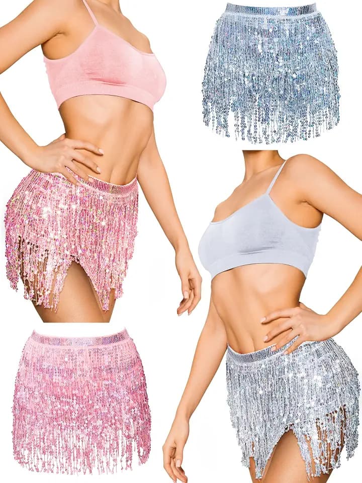 Geyoga Rave-Rock, Fransenrock, Pailletten-Quastenrock, Bauchtanz, Hüftschal, Rave-Outfit für Damen, Mädchen, Karneval, Party, 2 Stück