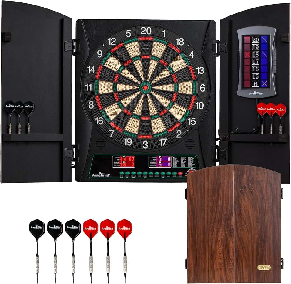 Arachnid CricketMaxx 1.0: 13.5” recreation size with wood cabinet. Features 34 games, 183 variations, 8-player LED X/O scoring, and Heckler mode. Integrated storage for darts and accessories