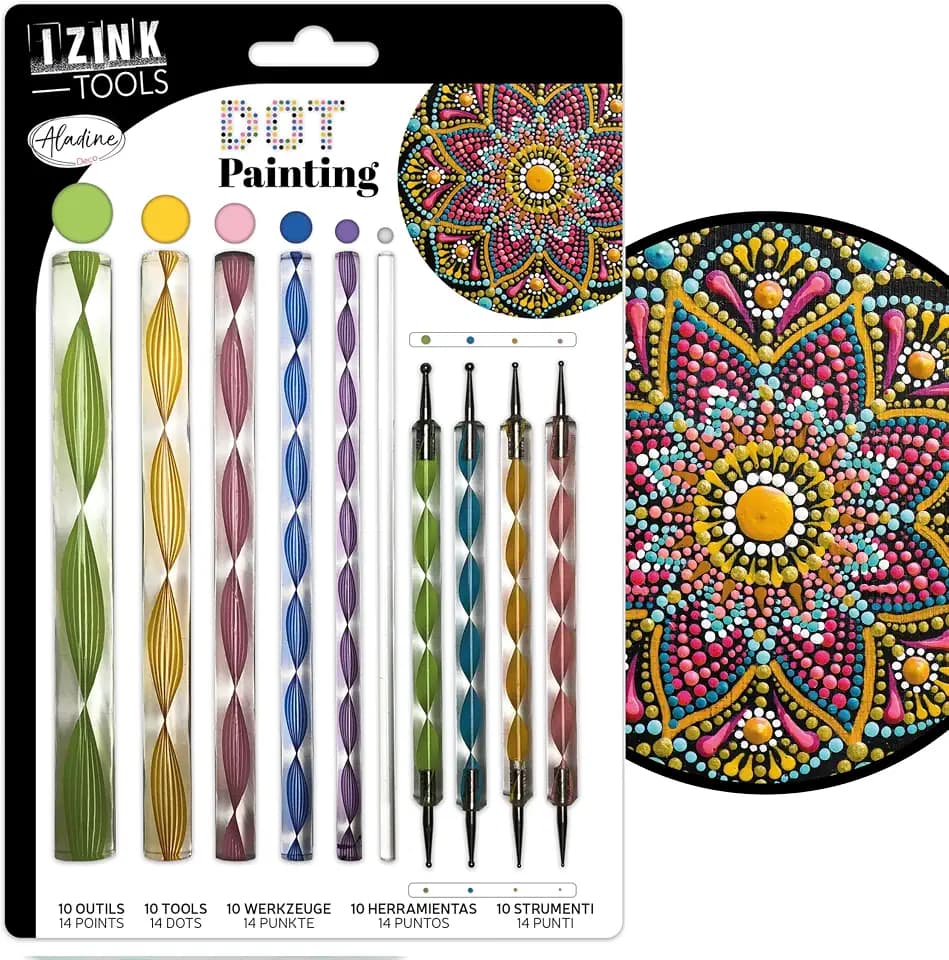 Aladine - Dotting Painting Werkzeugset – 10 Werkzeuge & 14 Aufsätze – für Mandalas, Malerei auf Kieselstein, Holz, Stoff, Leinwand – Dotting Malerei Punkte – Kreatives Hobby – 80811