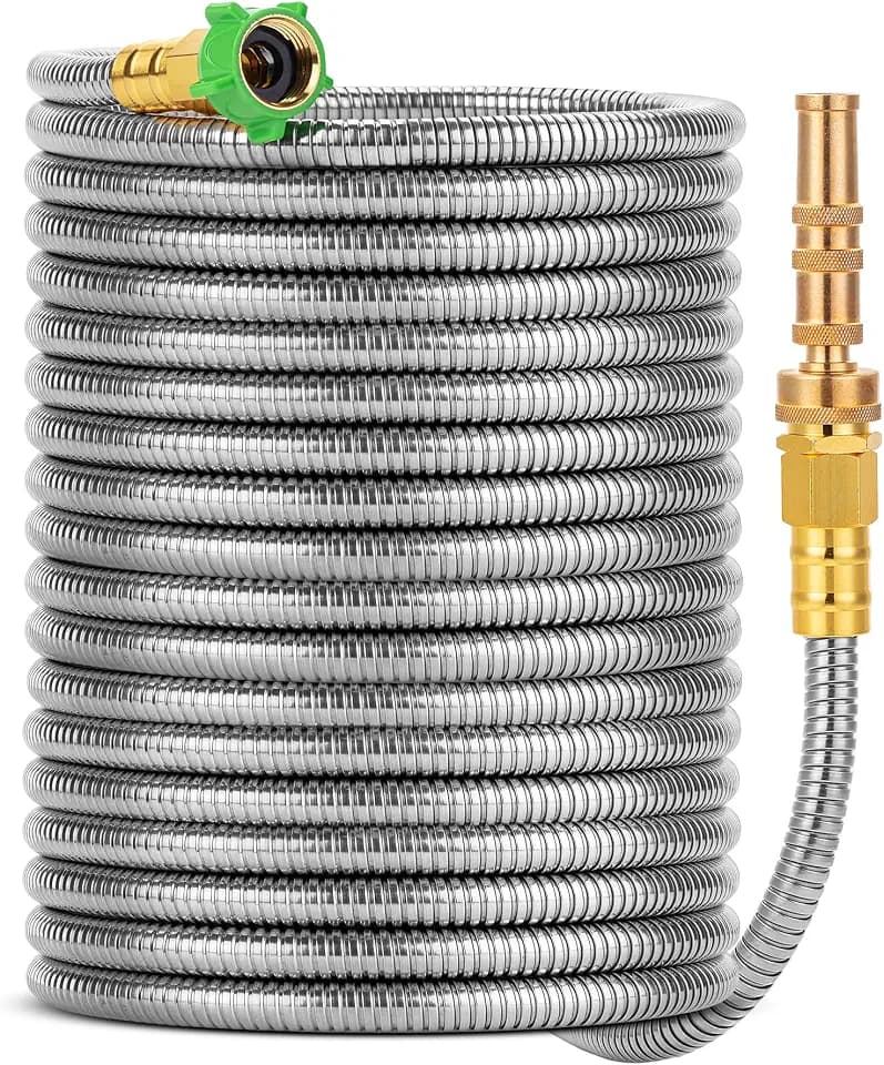 UNCO- Stainless Steel Metal Hose with 4 Function Brass Nozzle, 75 ft, No Kink, Metal Garden Hose