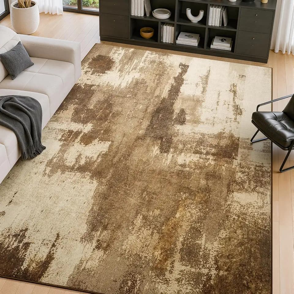 Merelax 5x7 Brown Washable Area Rug Non-Slip Faux Wool Abstract Rug