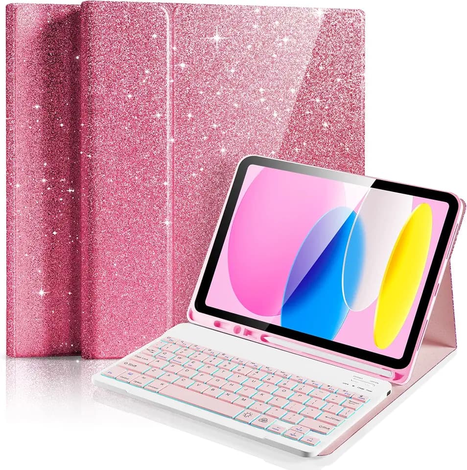 Case for iPad 11th Gen A16 11inch 2025 10th Generation 10.9 Inch 2022 with Thin & Light, 7-Color Backlit Wireless Magnetic Detachable Keyboard Glitter Folio Cover with Pencil Holder- Pink