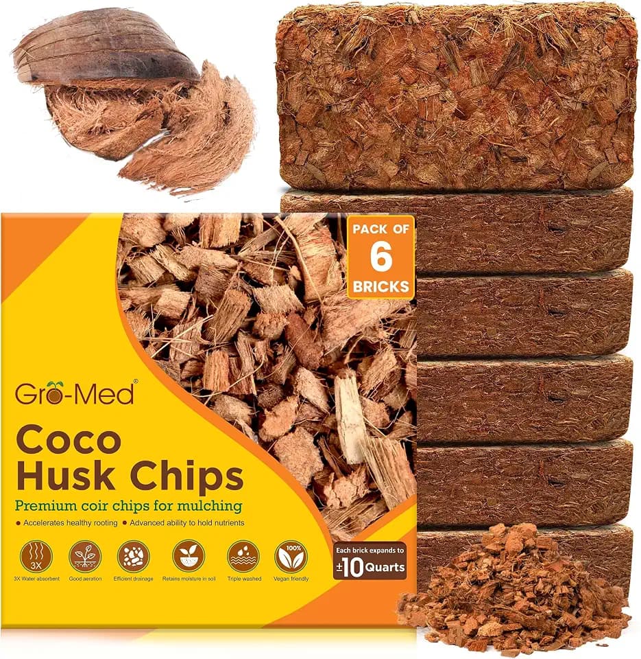 Gro-Med Coco Chips for Plants (500g Bricks, 6-Pack) - Organic Coconut Husk Chips for Potting, Garden & Seed Starter Soil - Coconut Mulch for Garden & Plants