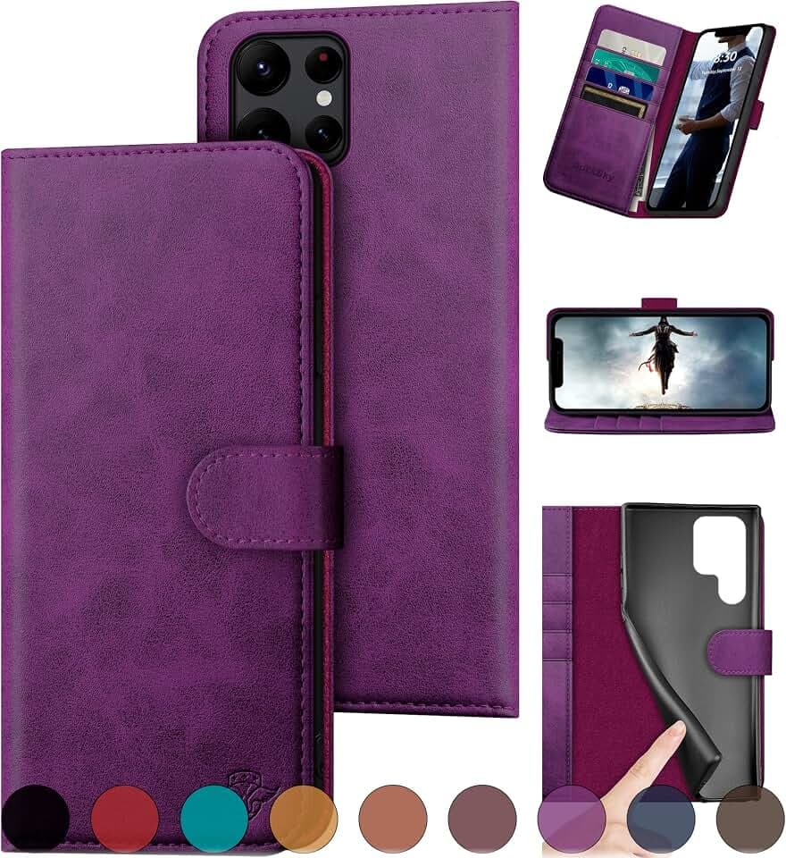 DuckSky for Samsung Galaxy S22 Ultra Genuine Leather Wallet case 【RFID Blocking】【4 Credit Card Holder】【Real Leather】 Flip Folio Book Phone case Protective Cover Women Men for S22Ultra case Purple