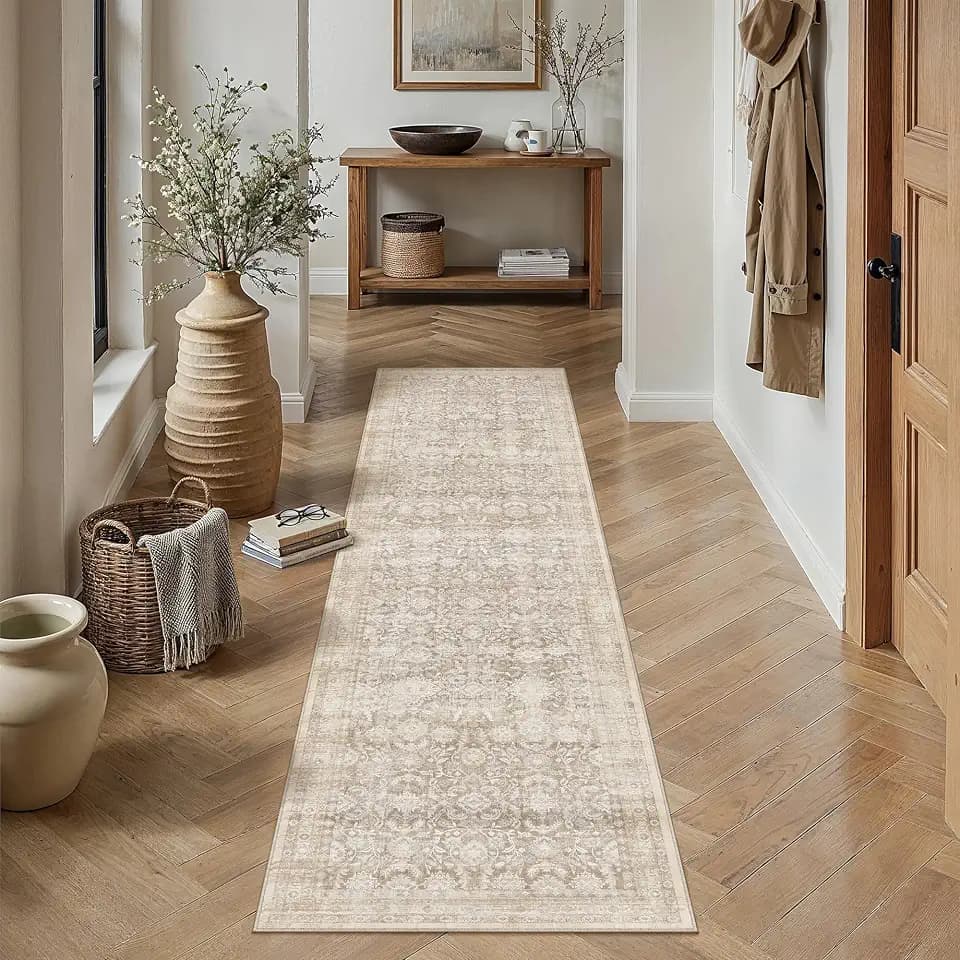 2x8 Beige Washable Runner Rug Non Slip Neutral Distressed Carpet