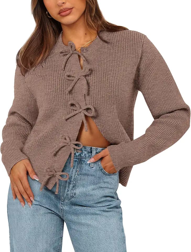 BTFBM Bow Cardigan for Women Long Sleeve Cropped Sweaters