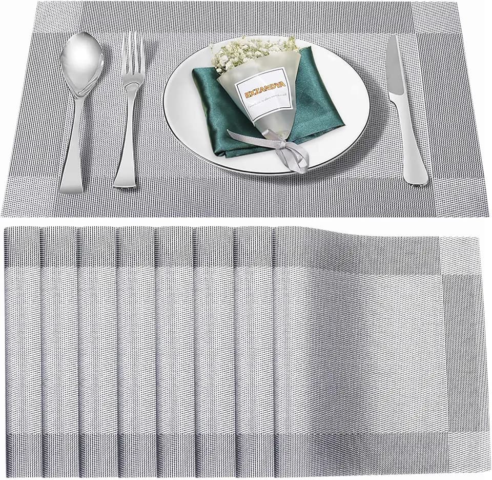 Silver Vinyl Placemats Set of 8,Washable Dining PVC Table Mats