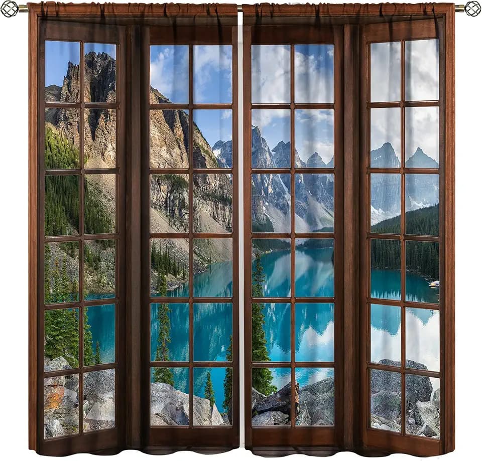 Forest Lake Curtains,Spring Mountain Lake Trees Season Natural Landscape Scenery,Rural Farmhouse Wooden Window Family Bedroom Living Room Curtains 42x54 Inch