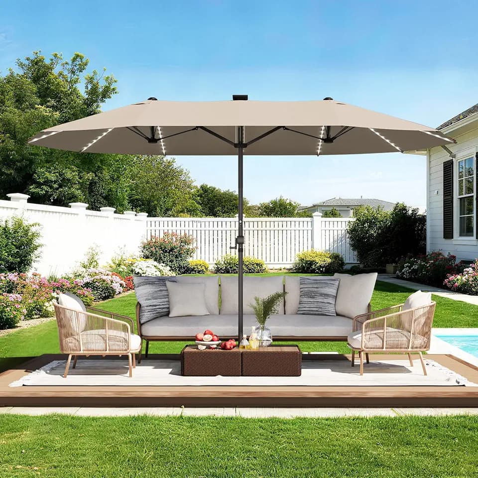 GDPFN 13ft Rectangular Patio Umbrella with Solar LED Lights, Double-Sided Outdoor Market Umbrella Extra Large Shade for Pool, Deck, Backyard, Garden, Beige (Base Not Include)
