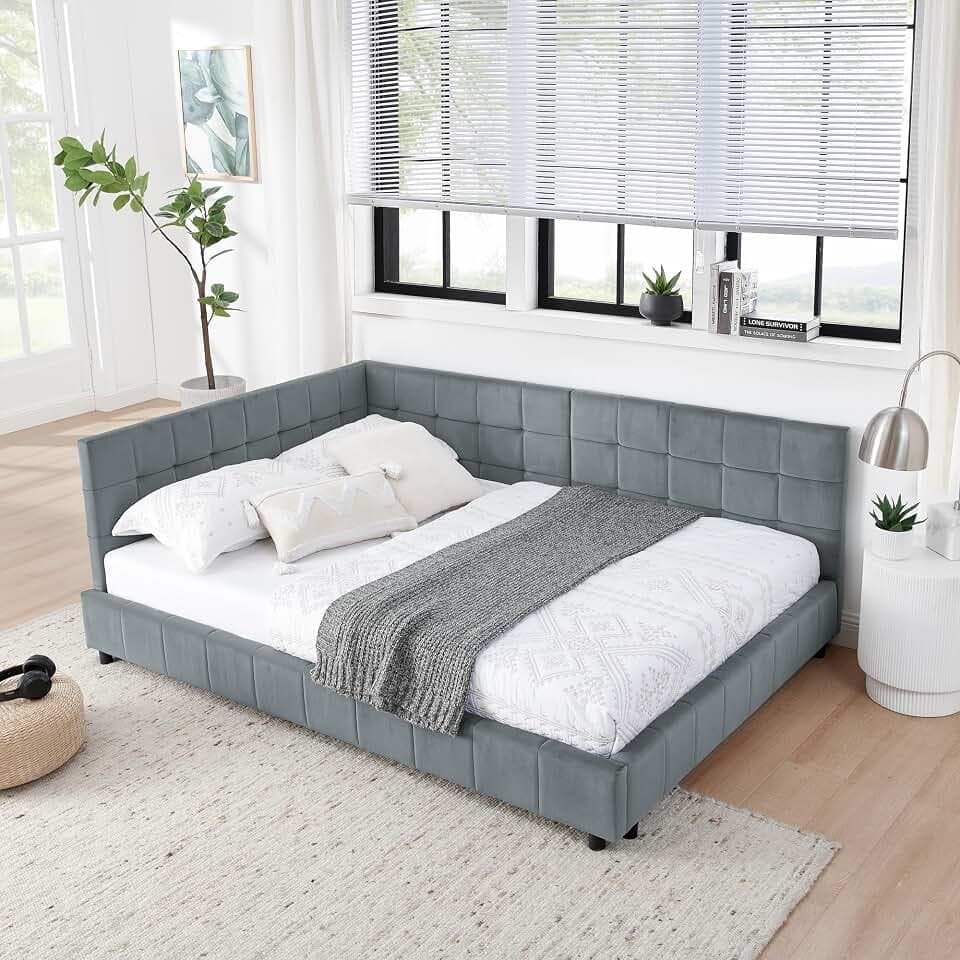 Ball & Cast Full Size Daybed, Velevet Upholstered Day Bed with Tufted Backrest and Armrests,L Shaped Corner Bed Frame with Wood Slat Support,No Box Spring Needed,Grey