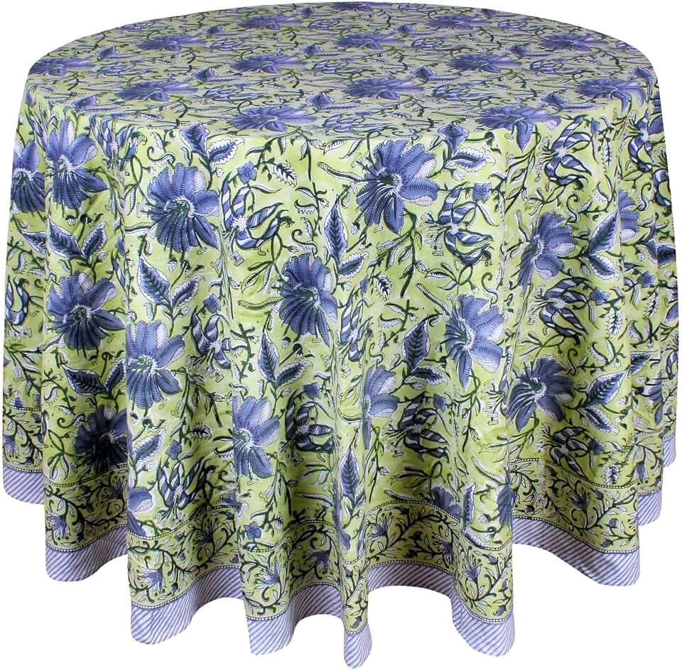 Block Print Round Tablecloth 72 Inch Sea Green 6 Seater Dining Table Gift for Her Summer Wedding Party 100% Cotton