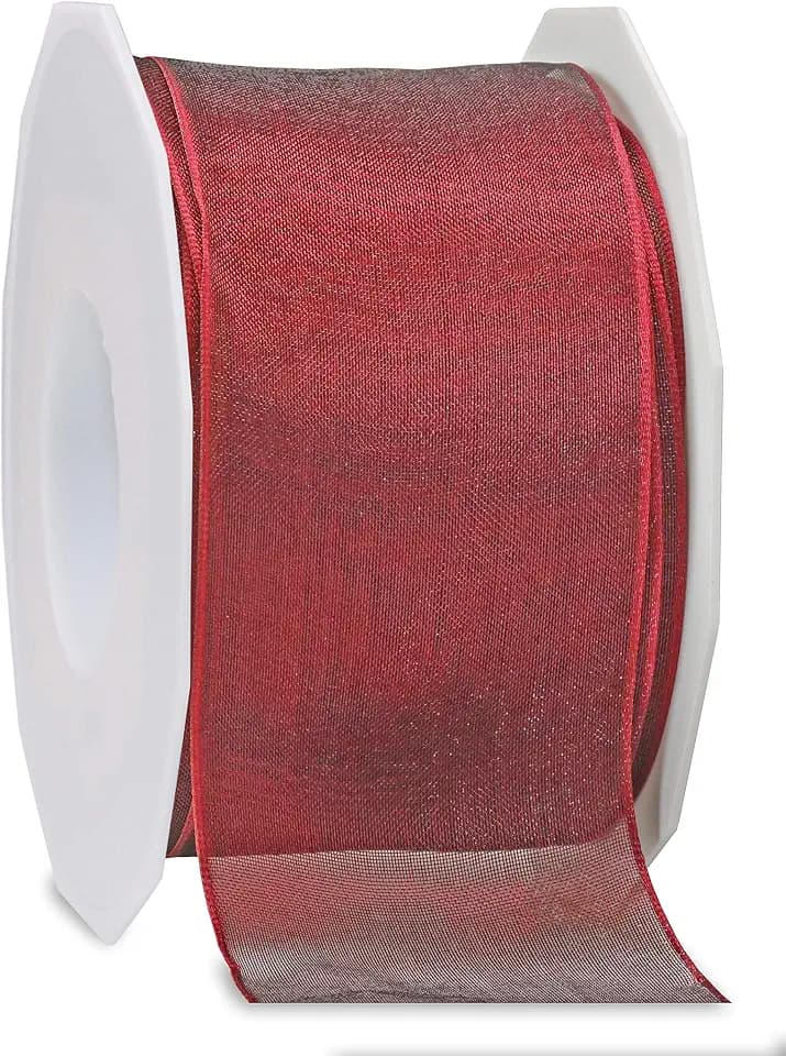PRÄSENT Four Seasons transparentes Band mit Drahtkante Bordeaux, 25 m einfarbiges Stoffband, 60 mm Breite, leicht biegsames Schleifenband zum Dekorieren & Basteln, für besondere Anlässe