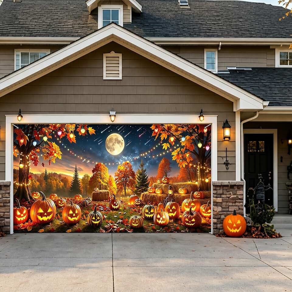 16X7ft Halloween Garage Door Cover Banner Decorations Pumpkin & Full Moon