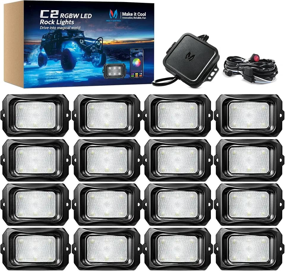 MICTUNING C2 Curved RGBW Rock Lights 16 Pods with Wiring Switch Kit