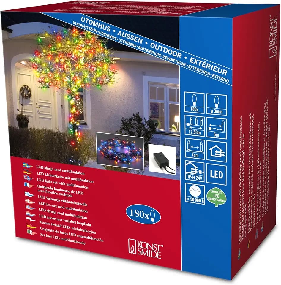 Konstsmide Micro LED Lichterkette, mit 8 Funktionen, Steuergerät und Memoryfunktion, 180 bunte Dioden, 24V Außentrafo, schwarzes Kabel - 3632-500