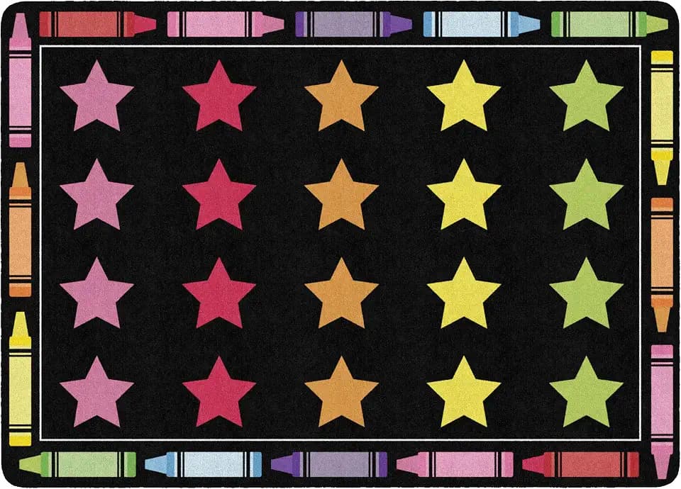 Flagship Carpets Neon Crayon Seating Classroom Rug for Preschool and Kindergarten, Color Learning Educational Rug with Fun Rainbow Stars Creating a Student Seating Space, Seats 20-6' x 8'4"