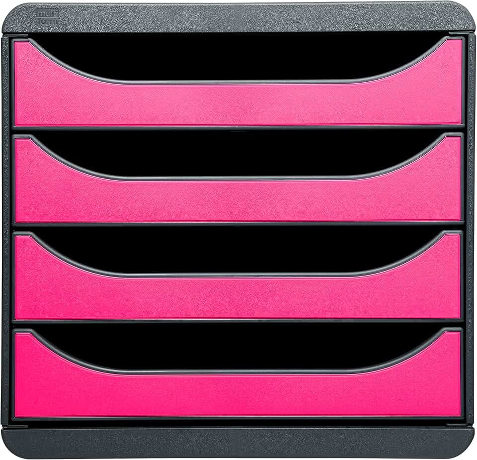 Exacompta 310784D Premium Ablagebox mit 4 Schubladen für DIN A4+ Dokumente. Belastbare Schubladenbox mit hoher Kapazität für mehr Platz auf dem Schreibtisch Big Box Iderama Schwarz|Himbeer