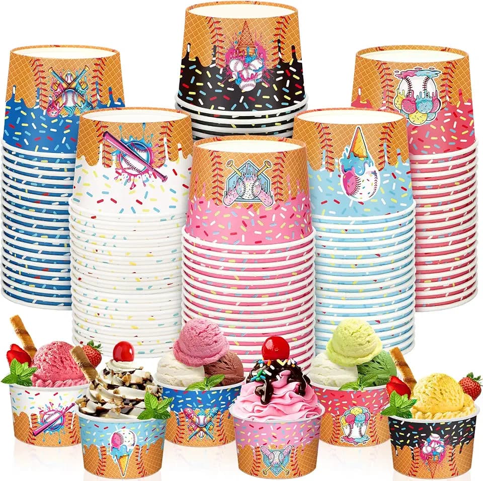 60 Pcs Ice Cream Drip Baseball Bowls 9 oz Ice Cream Theme Containers Disposable Paper Bowls Sundae Cups Dessert Soup Containers for Birthday Party Supplies Party Decorations (Baseball)