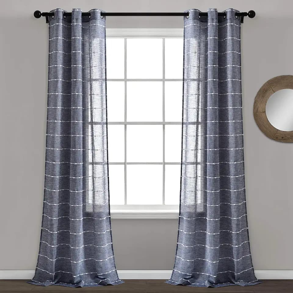 Lush Decor Farmhouse Textured Grommet Sheer Window Curtain Panel Pair, 38"W x 95"L, Navy