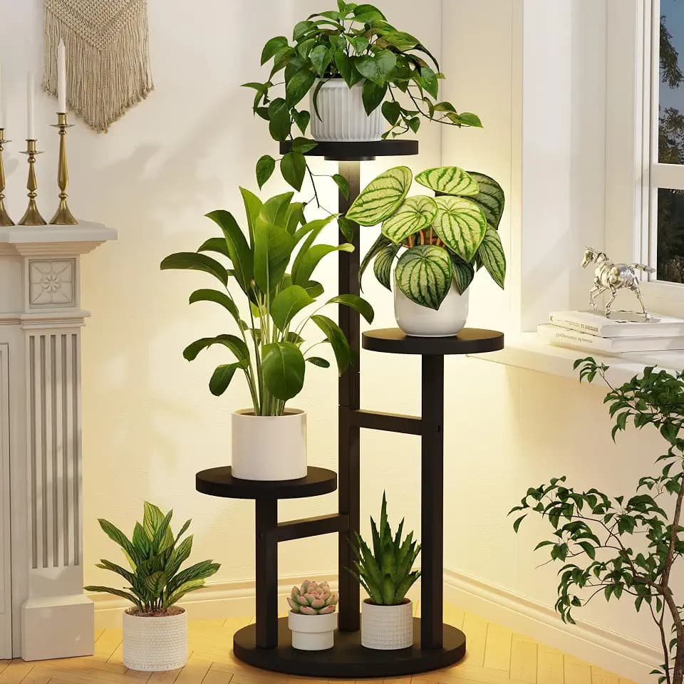 LASZOLA Wood Small Plant Stand Table Indoor Tall with Lights, 3 Tier Black