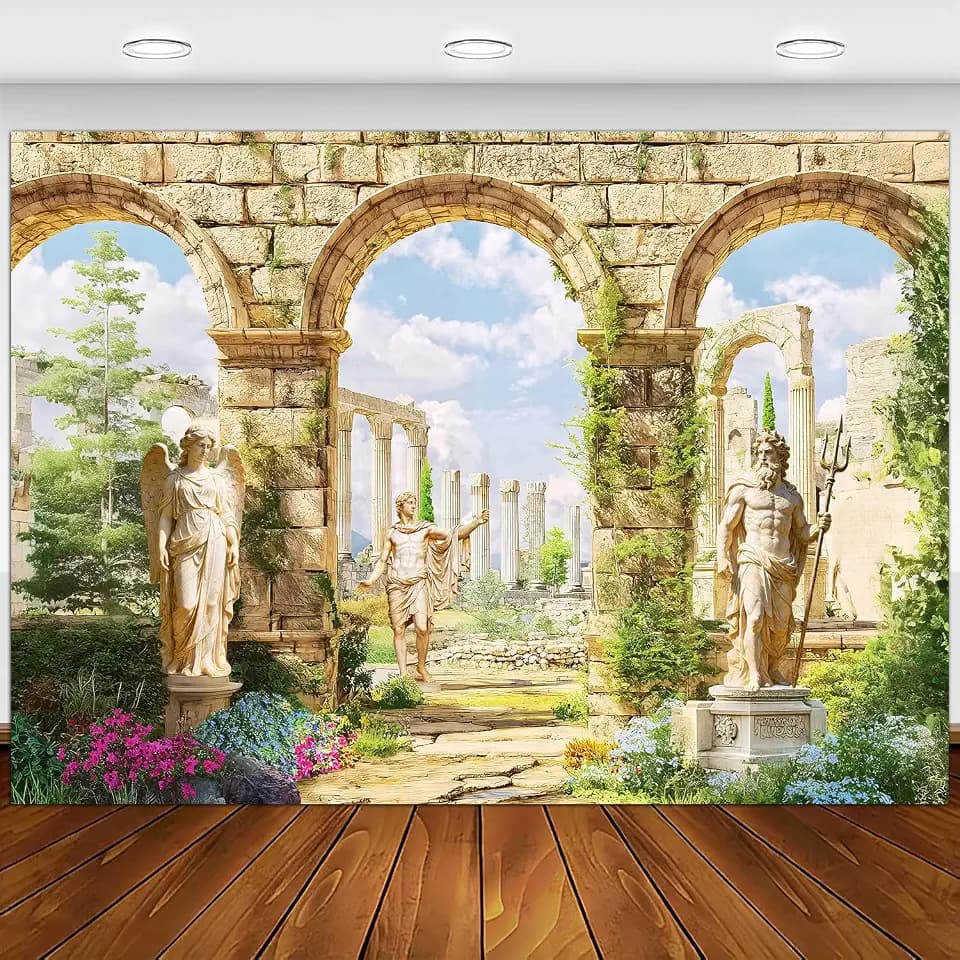 Greek Party Decorations, Ancient Greek Mythology Themed Backdrop, Greece Palace Garden Green Leaves Fabric Photography Background Wall Decor Props Banner 8X6FT