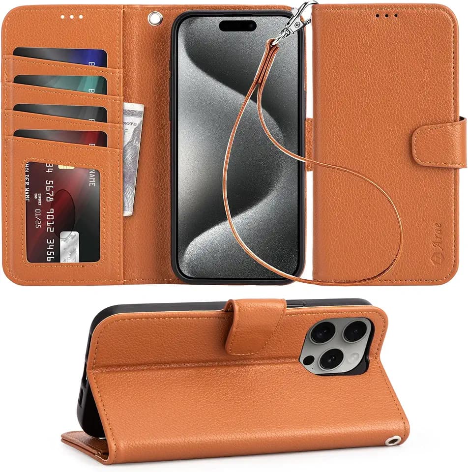 Arae Compatible with iPhone 15 Pro Max Case with Card Holder and Wrist Strap Wallet Flip Cover for iPhone 15 Pro Max 6.7 inch Men RFID Blocking Wristlet Kickstand,Light Brown