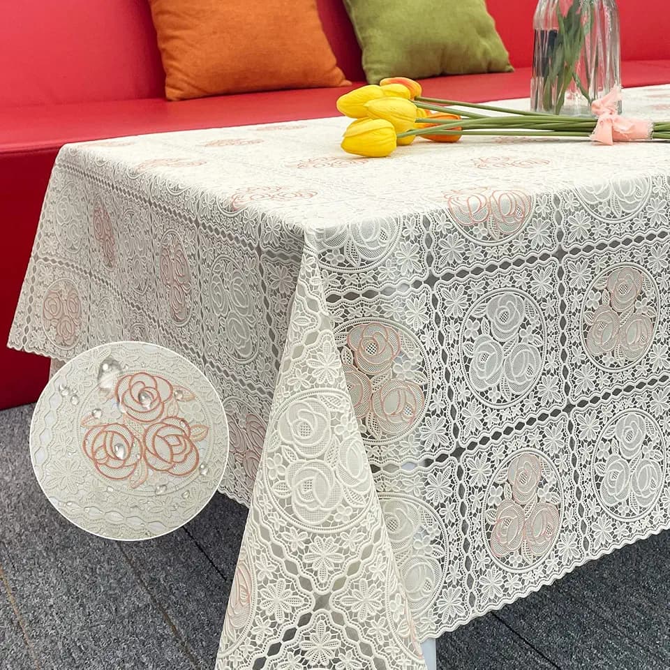 Waterproof OilProof Vinyl Table Cover, Plastic Lace Tablecloth for Rectangle Table, Textured Home Decor for Parties, Dining, Kitchen, Outdoor