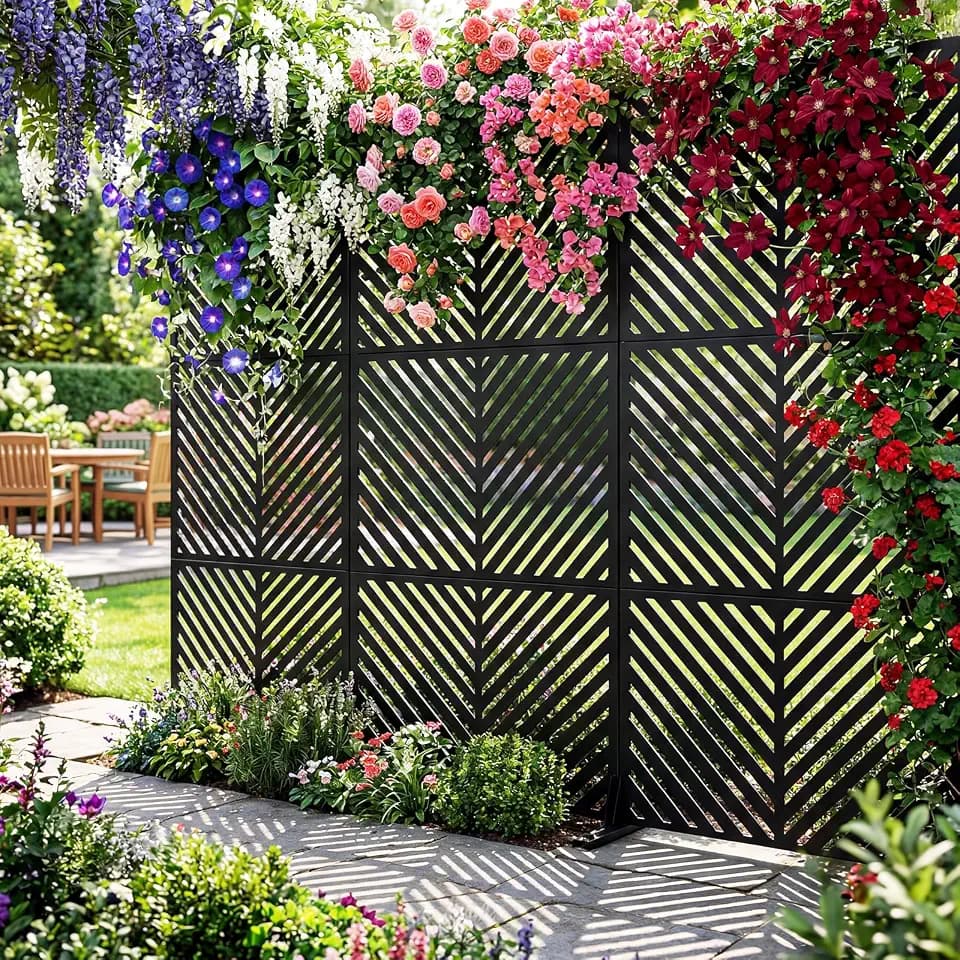Metal Privacy Screen, 48" w x 78" h, Outdoor Privacy Screens & Panels, Freestanding Divider with Stand 3-Panel Decorative Garden Steel Privacy Fence for Balcony Patio Indoor Room Black
