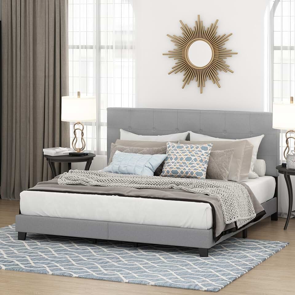 Furinno Laval Button Tufted Upholstered Platform Bed Frame, King, Glacier
