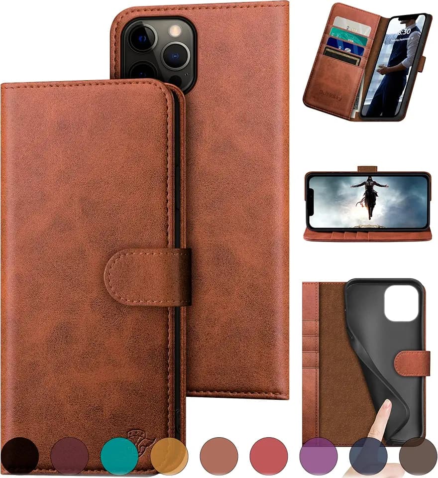 DuckSky for iPhone 12 Pro Max Genuine Leather Wallet case【RFID Blocking】【4 Credit Card Holder】【Real Leather】 Flip Folio Book Phone case Protective Cover Women Men for Apple 12ProMax case Light Brown