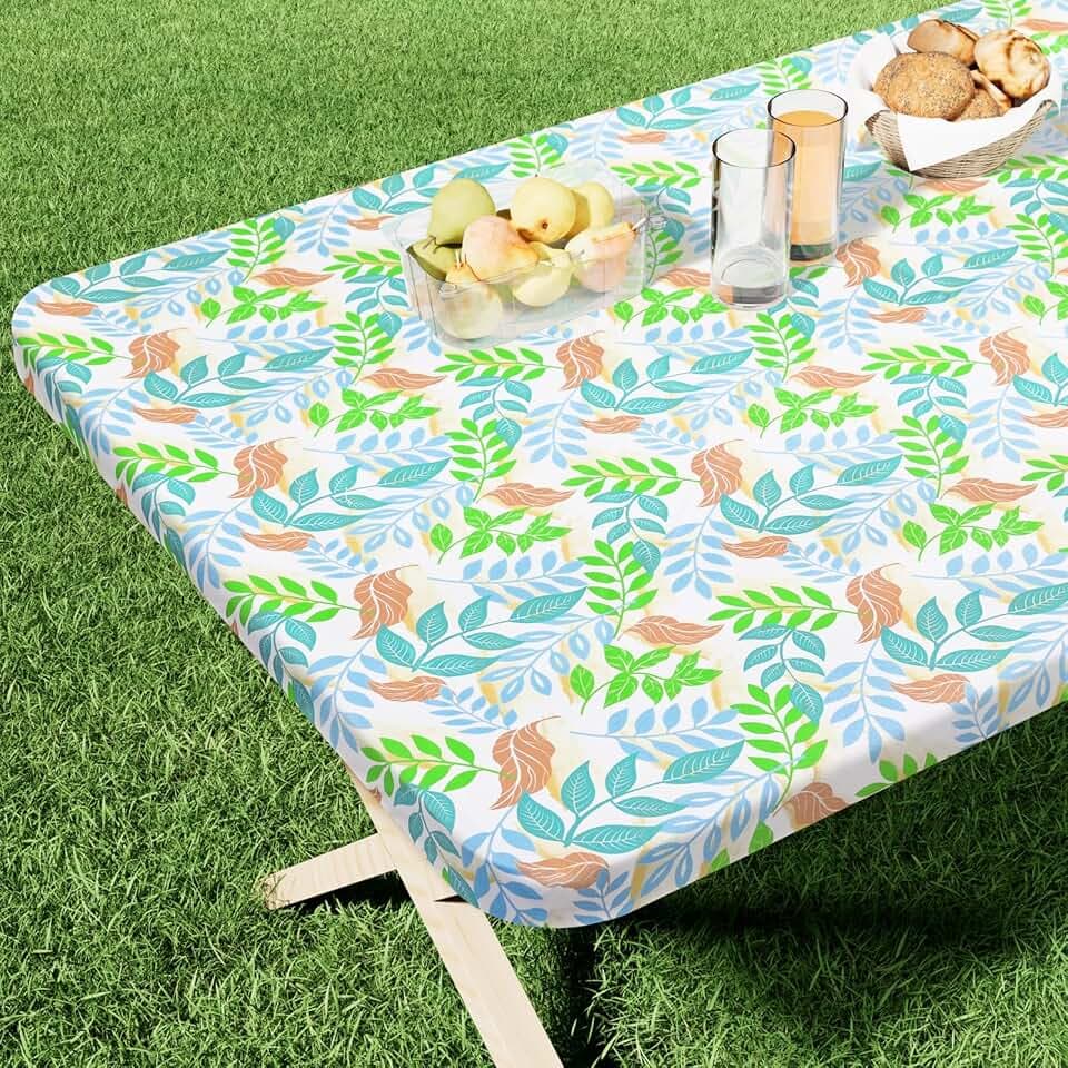 homing Rectangle Printed Fabric Tablecloth, Elastic Fitted Table Cloth for 6 Foot Tables, Washable Polyester Table Cover for Outdoor, Picnic, Camping and Indoor (Leaves, 30" x 72")