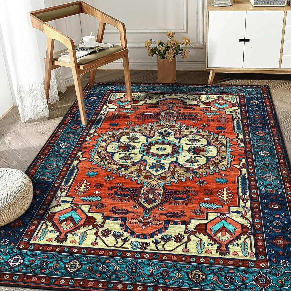WONGS BEDDING Vintage Waschbarer Teppich Boho Kurzflor 140x200cm, Rot