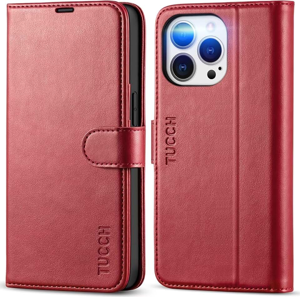 TUCCH Case Wallet for iPhone 13 Pro (6.1"), RFID Blocking Folio, Dark Red