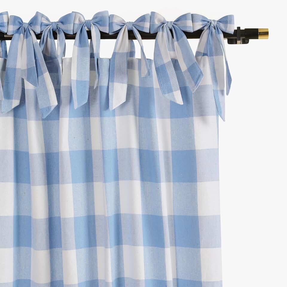 THE ART BOX Bow Tie Top Buffalo Plaid Curtains, Light Chambray, 42x96