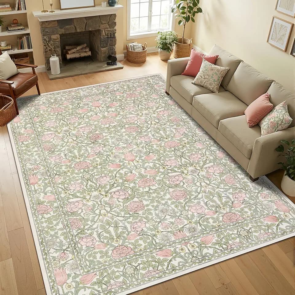 GarveeHome Pink Green Beige Floral Washable Rug 5x7 for Bedroom Living Room