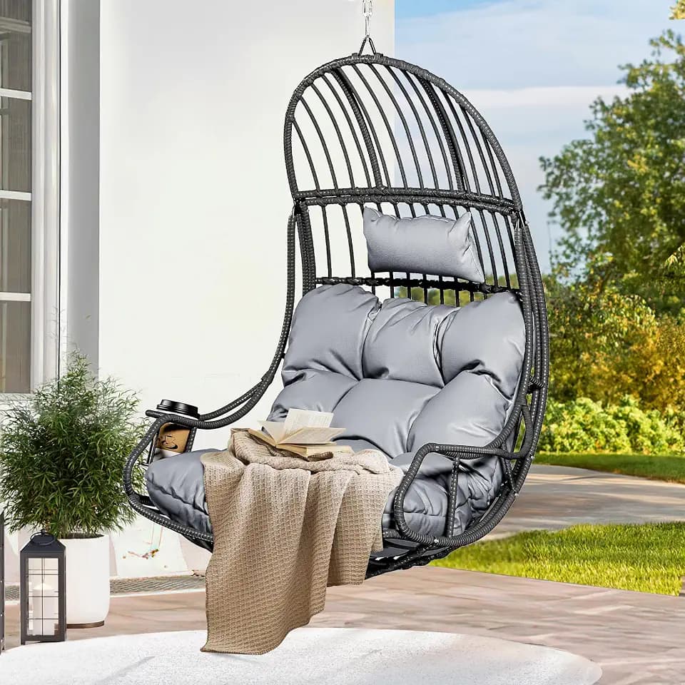 YITAHOME Rattan Hängesessel 150kg, mit Kissen & Getränkehalter, Grau | Hängesessel in Eiform für drinnen und draußen, mit Getränkehalter – für Terrasse, Schlafzimmer, Garten und Balkon