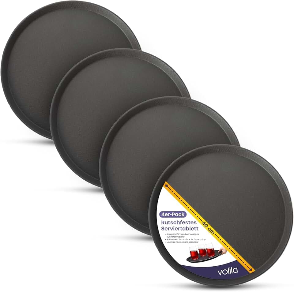 volila Schwarzes Rundtablett - 40cm (4er Pack) Gummiertes rutschfestes Serviertablett für Speisen und Getränke - Spülmaschinenfestes rundes Serviertablett für Partys, Zuhause, Bars & Restaurants