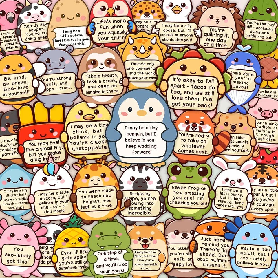 Tiny Cheer Squad 200PCS Emotional Support Animals By Puraesla - Positive Affirmation Sticker Pack, Cute Animal Vinyl for Water Bottle Laptop Computer Luggage. Inspirational Mental Health Decoration