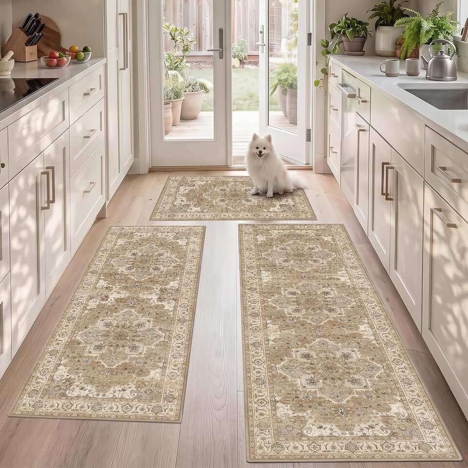 3 Piece Kitchen Rugs Sets with Runner, Washable Non Slip Soft Boho Kitchen Mats, Low Pile Stain Resistant Carpet for Hallway, Laundry Room, Entryway, Home Decor(20"x32"+20"x48"+20"x59", Beige Cream)