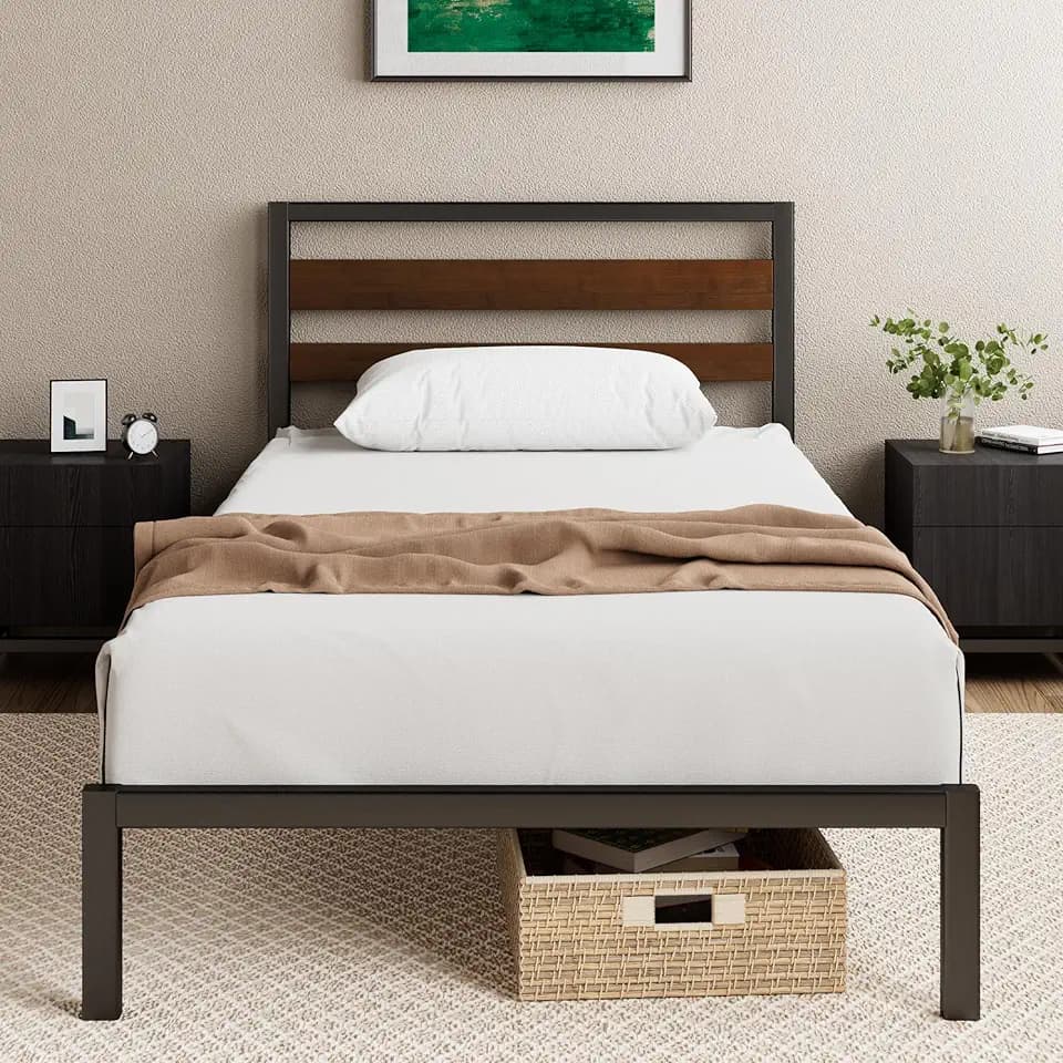 Zinus Kai Einzelbett 80 x 190 cm, nachhaltige Basis aus Bambus und Metall mit Kopfteil, einfache Montage, Höhe 80 cm, Lattenrost inklusive, Keine Grundlage erforderlich, Farbe Schwarz und Braun