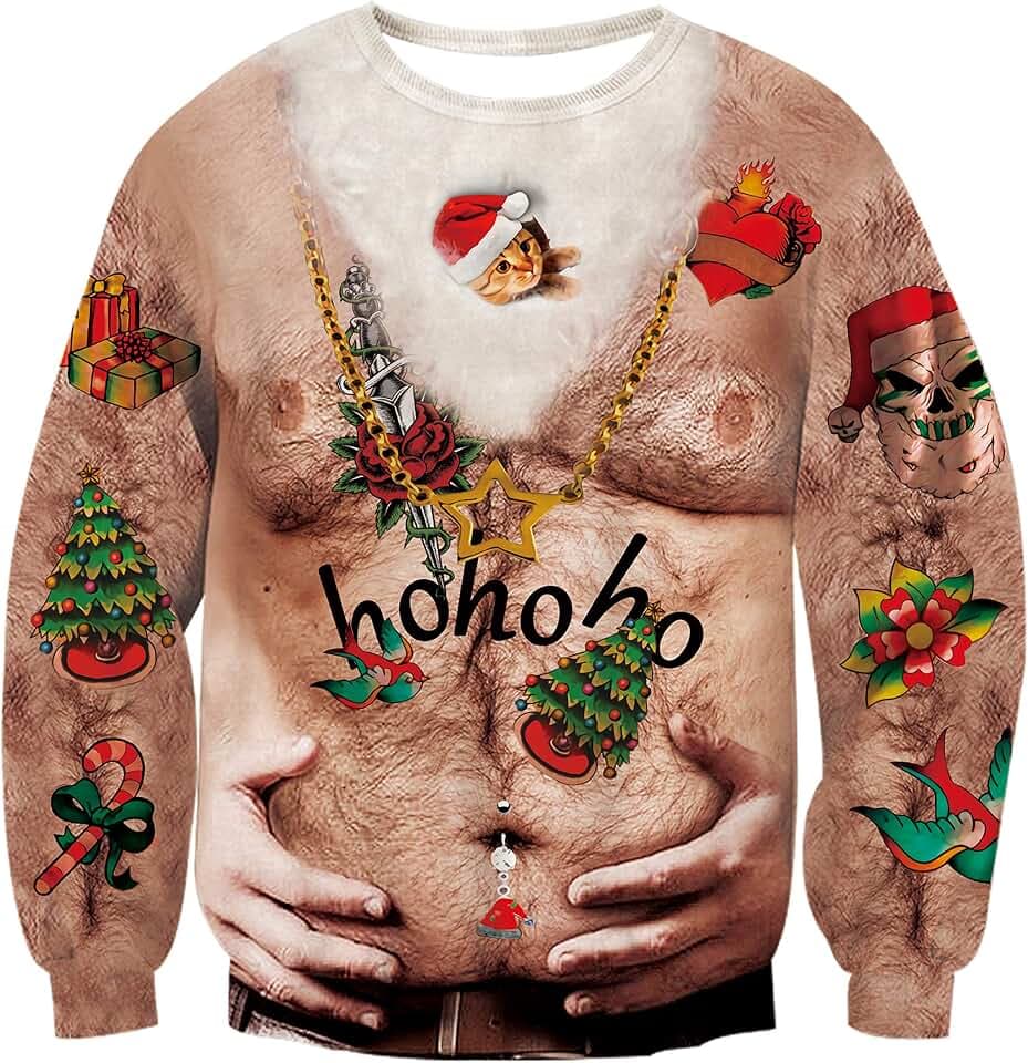 RAISEVERN Weihnachtspullover Hässliche Herren Christmas Sweater Männer 3D Coole Druck Lustige Damen Weihnachtspulli Party Geschenk, S-XXL