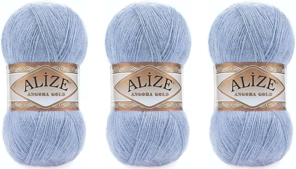 Alize Angora Gold Yarn 20% Wool 80% Acrylic Lot of 3skn 300gr 1805yds Thread Crochet Lace Hand Knitting Turkish Yarn (40-Blue)