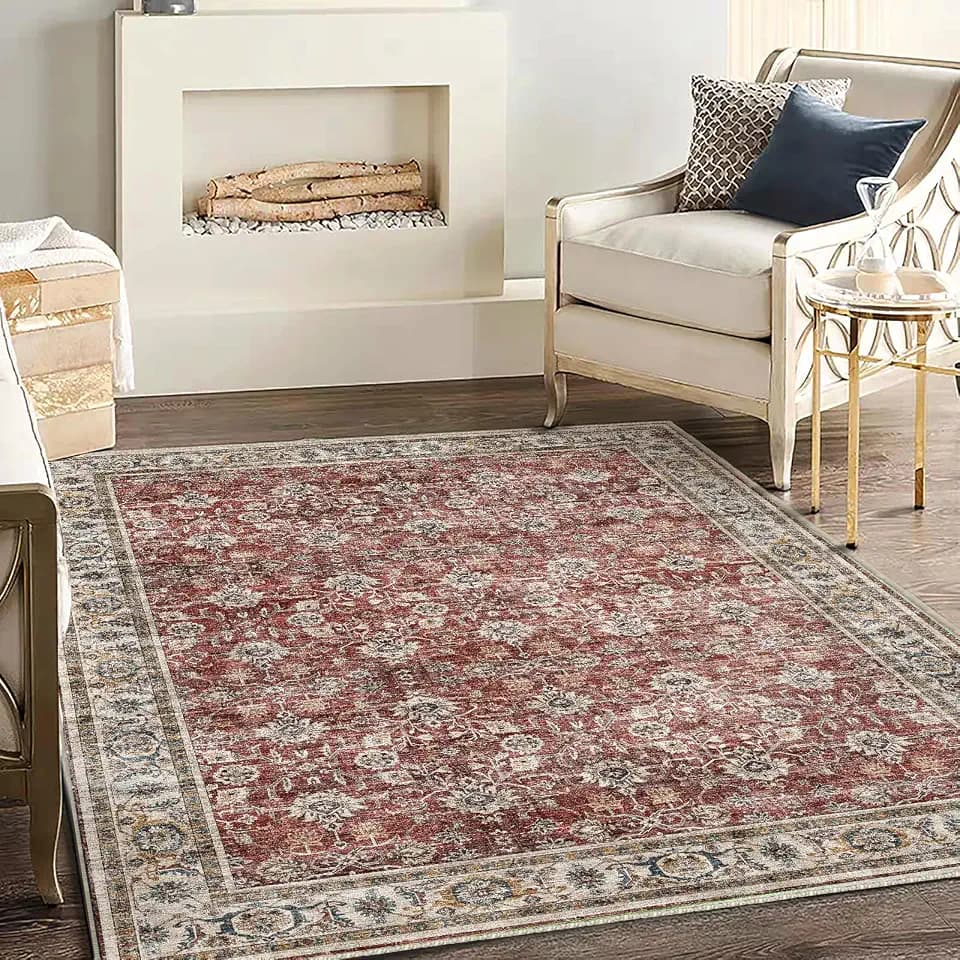 CHAMPLANT Washable Area Rug 4'x6' Traditional Floor Cover Foldable Thin Rugs Retro Kitchen Indoor Distressed Non Slip Carpet Floral Print Mat Bedroom Living Room