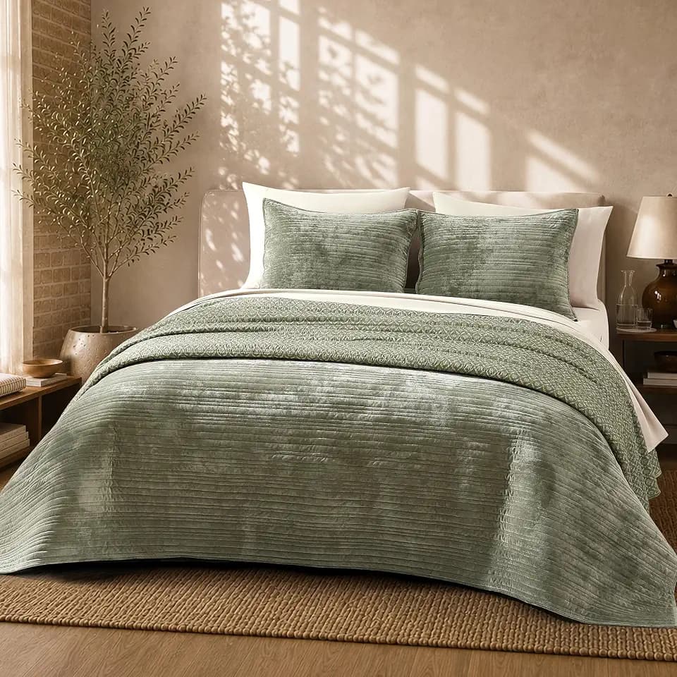 BLOOMHAVEN Green Velvet Quilt Queen Size-Reversible Queen Quilt Bedding Set