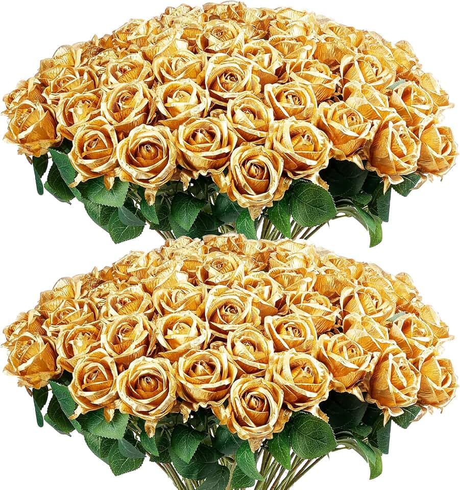 Auihiay 60PCS Gold Rose Artificial Flowers, Faux Silk Roses