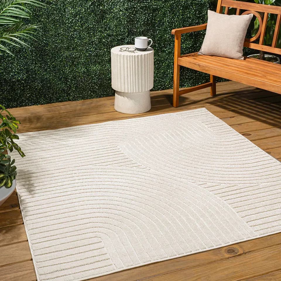 JONATHAN Y Hallie High-Low Curve Ivory/Cream 8x8 Square Indoor/Outdoor Area Rug, Minimalist, Pet Friendly, Non-Shedding, Stain Resistant, Hose-Washable for Backyard, Patio, Porch (SCN100B-8SQ)