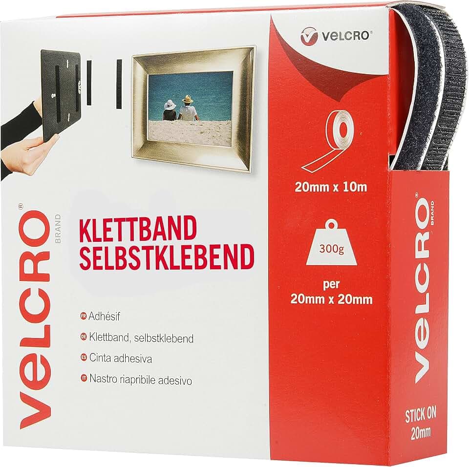 VELCRO Marke | Klettband Selbstklebend | Zuschneidbares, starkes, selbstklebendes Klettband mit Klettverschluss, perfekt für Raumdekoration und Wohnaccessoires, Büro, Garage | Schwarz | 20 mm x 10 m
