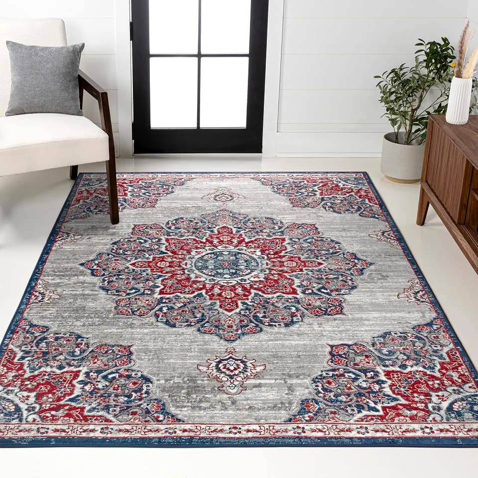 JONATHAN Y Modern Vintage Moroccan Medallion Navy/Red Indoor Area Rug, 5x8, Country, Floral, Easy-Cleaning for Living Room, Bedroom, Kitchen, Pet Friendly, Non-Shedding (MDP103A-5)