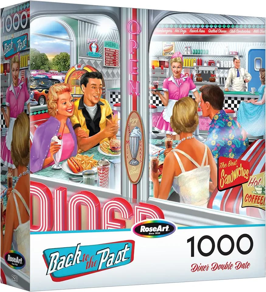 RoseArt - Back to the Past - Diner Double Date 1000 Piece Jigsaw Puzzle - Vintage Retro Diner Puzzle for Adults - Finished Size 26.625 x 19.25 Made in USA
