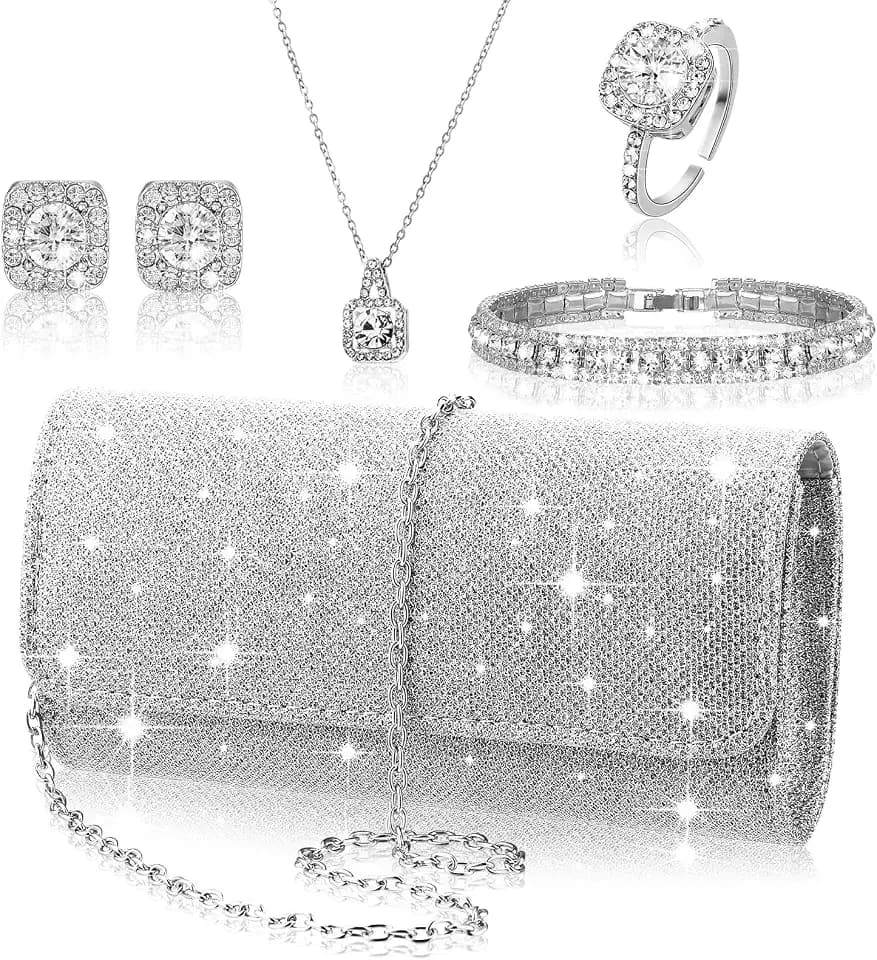 Canchiing 5 Pcs Rhinestone Jewelry Set Clutch Purse for Women